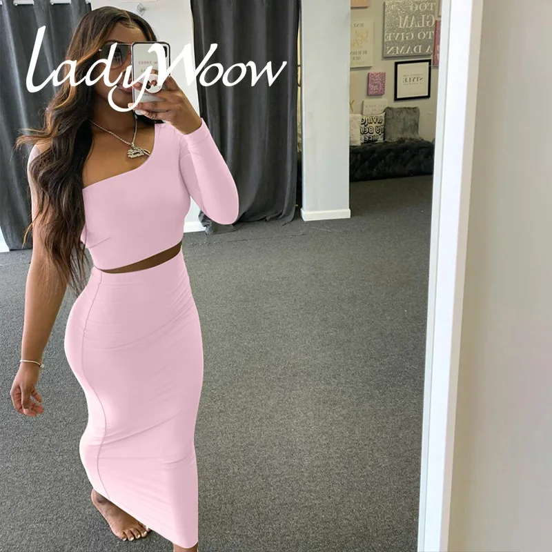 

2020 Autumn New One-Shoulder Navel Short Top Slim Bag Hip Skirt Two-Piece Set