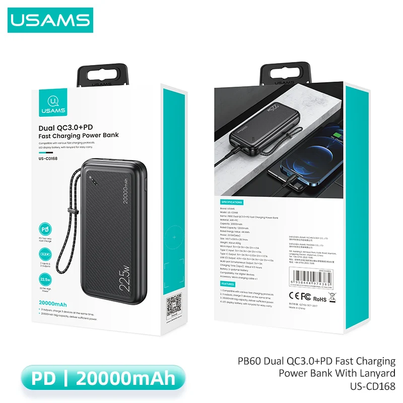 usams 20000mah 22 5w pd3 0 qc3 0 fast charging power bank for iphone huawei xiaomi samsung tablet type c port external battery free global shipping