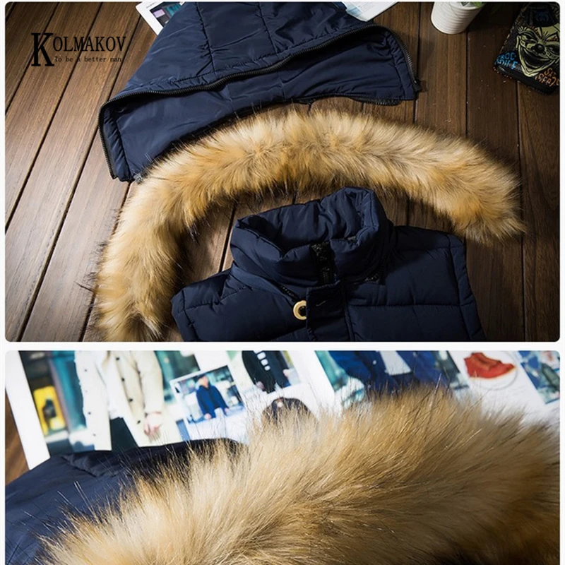 

KOLMAKOV New Arrival Fur Collar Hooded Vest Men Casual Waistcoat Sleeveless Padded Jacket Couples Detachable Hat Outwear 3 Color