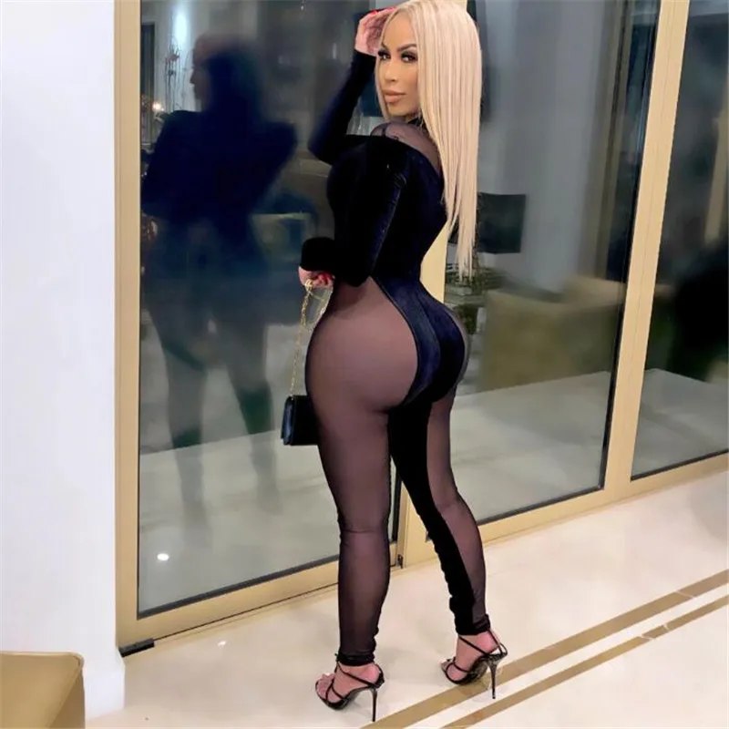 

Woman Sexy Mesh Velvet Splicing Jumpsuit Spring Fall Long Sleeves Trousers Bodycon Playsuit Female Slim Clubwear Femme Rompers