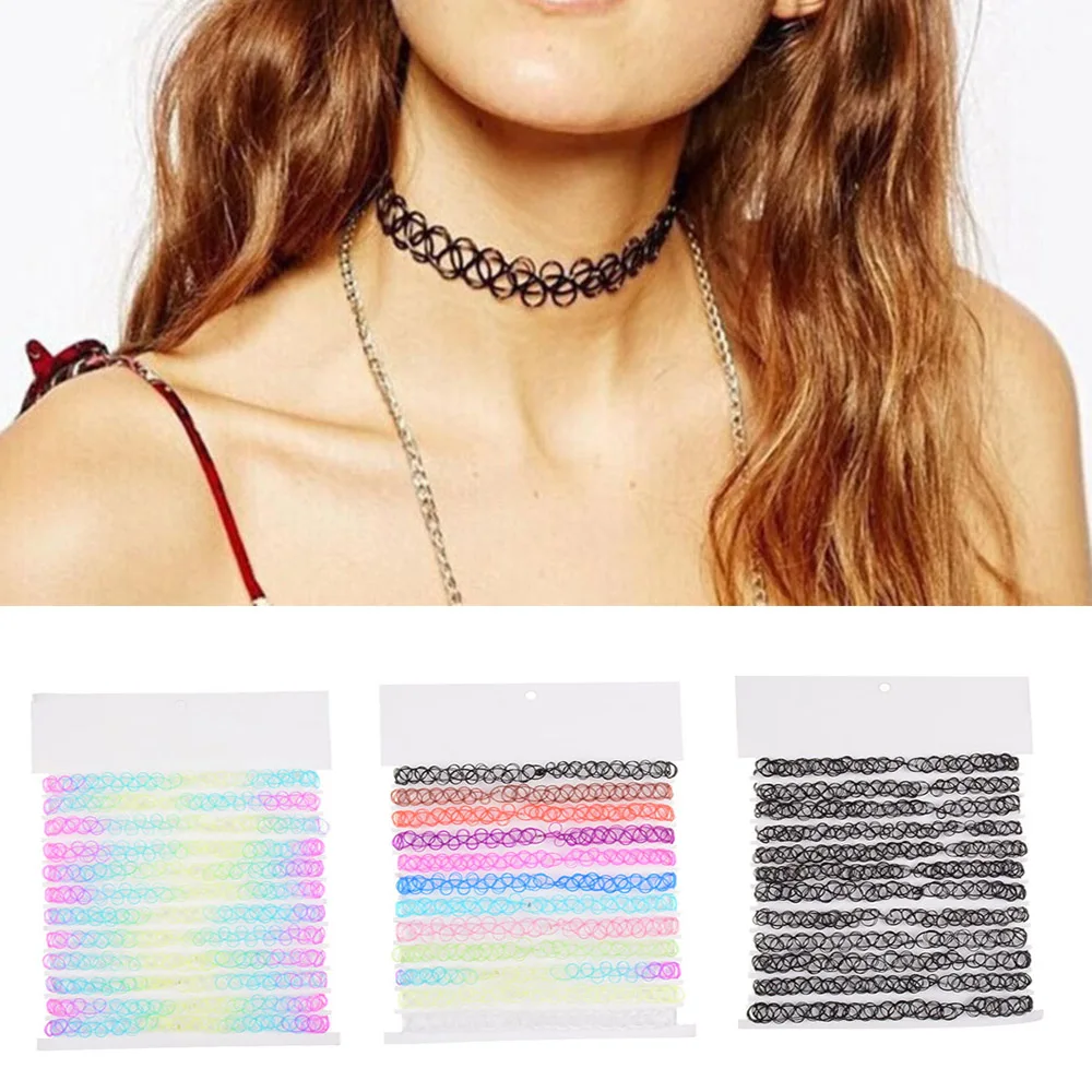 

12 pcs Sell Choker Elastic Necklaces Colorful Necklace Beach Jewelry Water Drop Circular Cobwebbing Clavicle for Women Girls