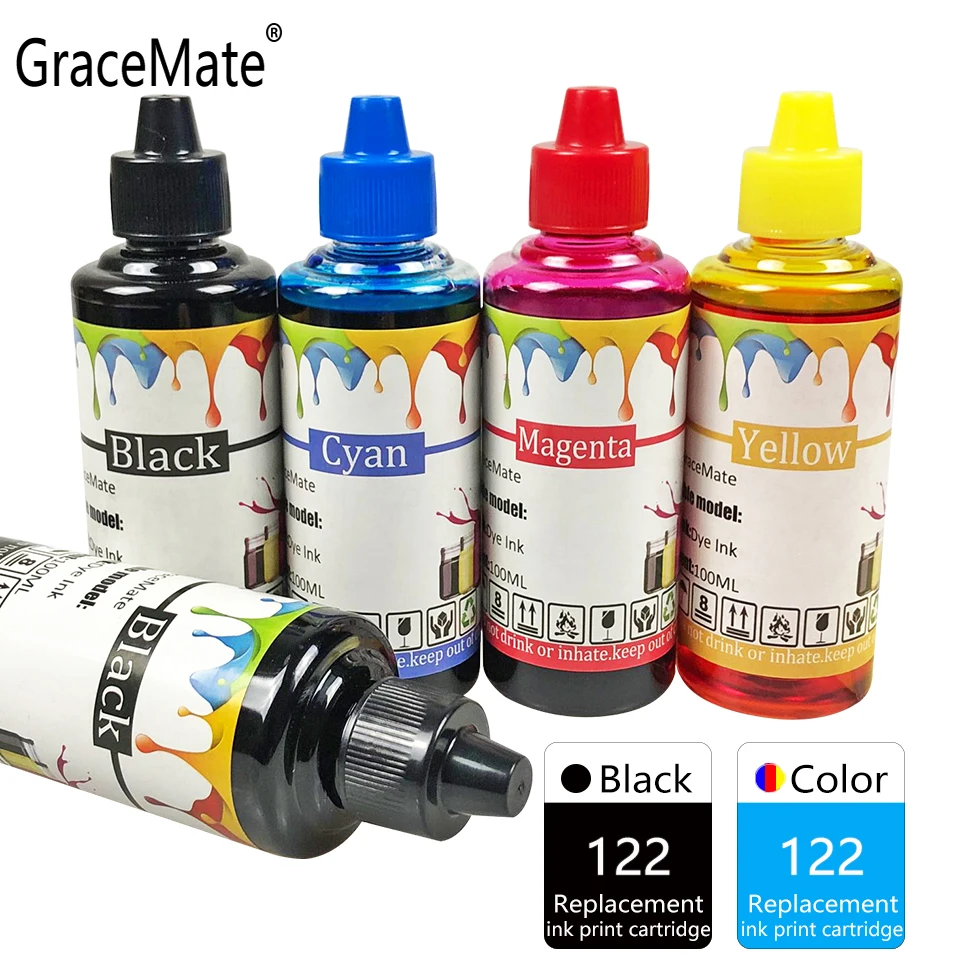

GraceMate принтера пополнения чернил бутылка совместимый для HP 122 с чернилами HP Deskjet 1000 1050 2000 2050 2510 3000 3054 4500 4630 4632 5530