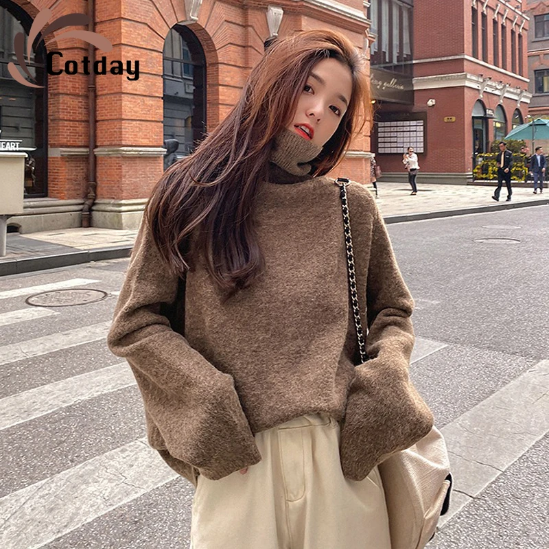 

Cotday Turtleneck Brown Women Thick Loose Lazy Retro All-match 2020 New Autumn Winter Basic For Knit Casual Pullovers Sweater