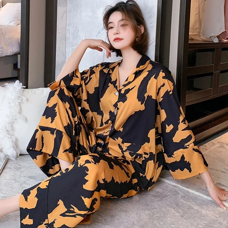 Luxury Women's Pajama Set Print Long Sleeve Ladies Sleepwear Faux Silk Spring Autumn Satin Pijama Suit Nightwear for Female