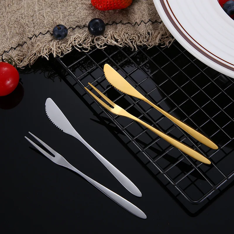 

Portable Stainless Steel Fruit Fork Knife Cutlery Set Dessert Salad Kitchen Tableware Household Utensils Camping Travel Goods