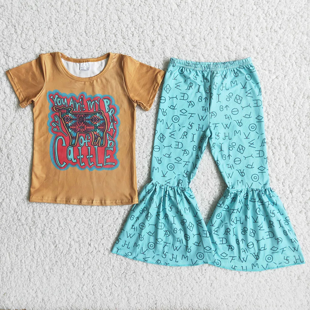 

Best Selling Children Summer Outfit Cow Prinr Top Match Letters Beller Pants 2Pieces Set With Short Sleeve
