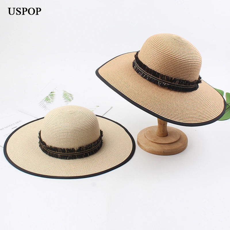 

USPOP 2020 summer sun hats Women wide brim straw hats collapsible beach hat tassel ribbon black rim straw sun hat