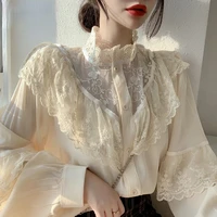autumn korean sweet loose clothes lace up ruffled women blouses fashion stand collat ladies tops vintage lace shirts women