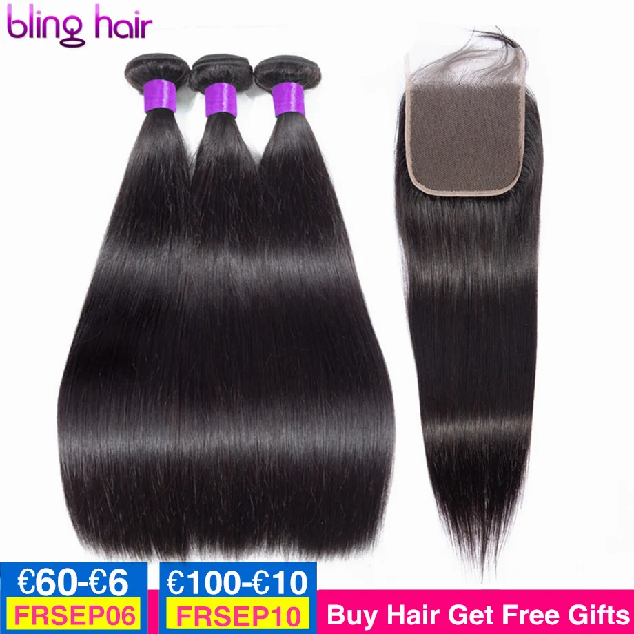 

bling hair 4x4 Lace Closure and Bundles Straight Hair Bundles with Closure Peruvian 100% Remy Human Hair Extension Natural Color