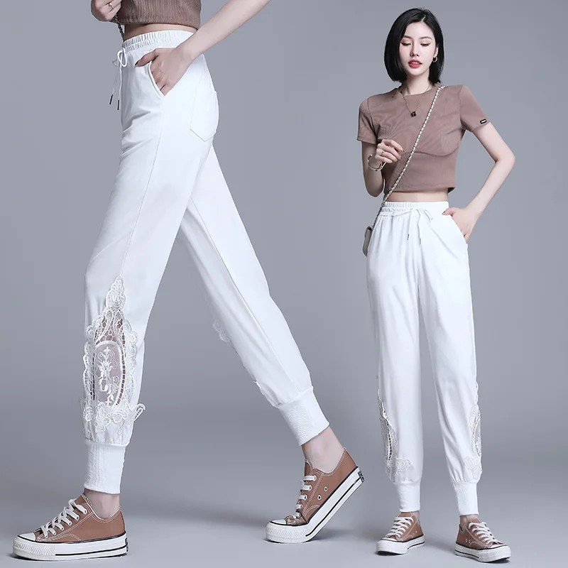 

2021 New Summer Women's Design Sense Hollow Hook Flower Loose-fitting Meat Casual Pants To Tie The Feet of Harun Pants M-3XL