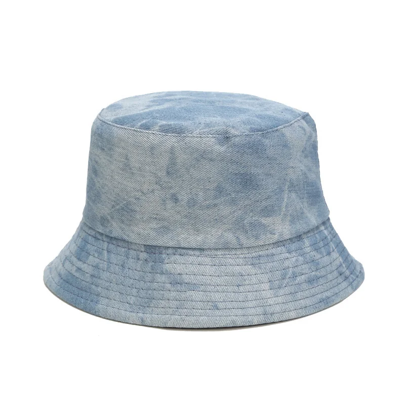 

Women Bucket Cap Denim Tie Dye Print Reversible Washed Flat Top Wide Brim Casual Holiday Beach Sun Outdoor Hat Sports Caps lady