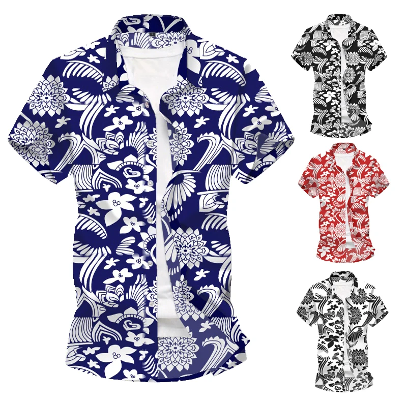 Мужская пляжная рубашка с 3D принтом голубая и белая гавайская короткими рукавами