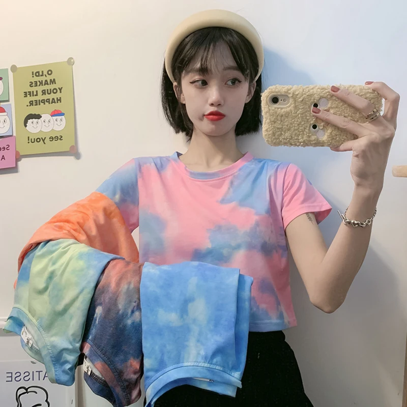 INS супер горячей чистый красный тай дай футболка с короткими рукавами для женщин