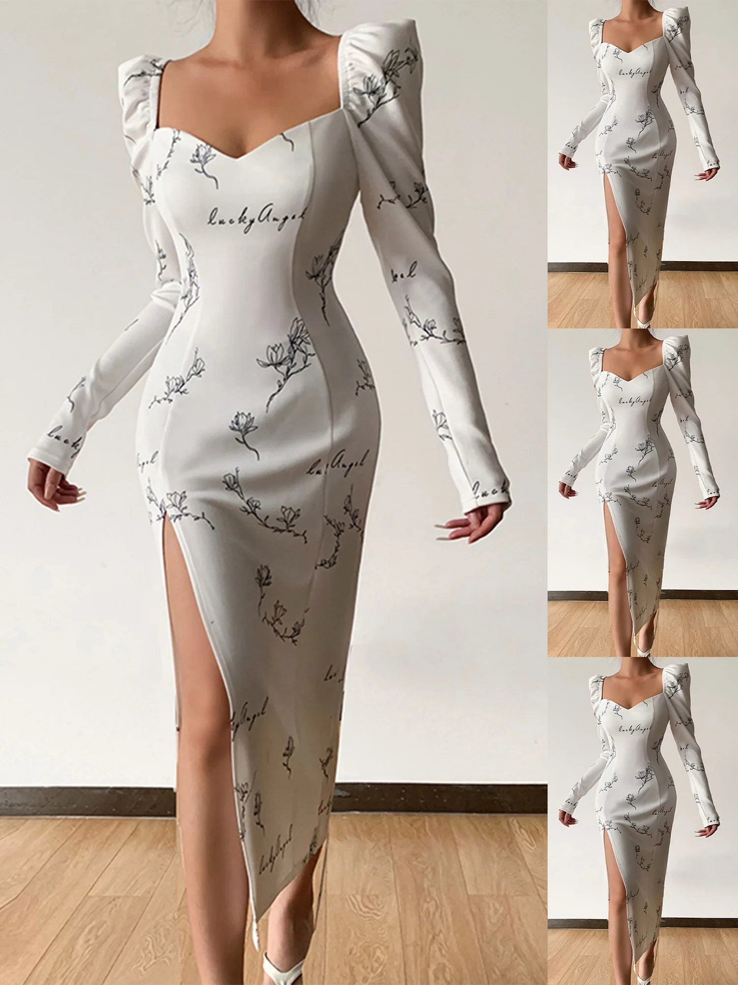 

Square Neck Long Sleeve Sexy & Club Print Dress Fit & Flare Ladies Irregular Dress Spring/Autumn Printing Midi Women Dress