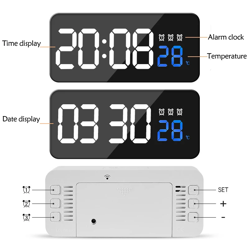 

Alarm Clock Mirror LED Digital Clocks Voice Control Snooze Time Temperature Display Night Mode Reloj Zegary Digital Alarm Clock