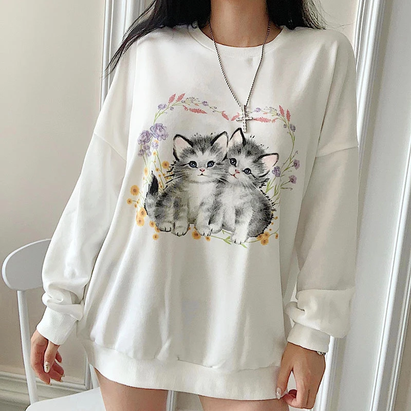 

Cat Print Cute White Oversized Sweatshirt Autumn Cute Long Sleeve Sweat Shirt Casual Loose Pullover Ladies Streetwear