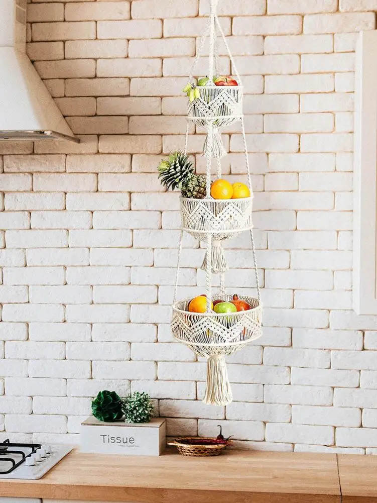 

3-уровневая подвесная корзина для фруктов, богемный декор, плетеный держатель для растений ручной работы, органайзер для хранения овощей, ко...