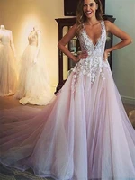 sexy v neck backless lace prom dress fashion a line tulle appliques court train vestido de noiva elegant evening gowns