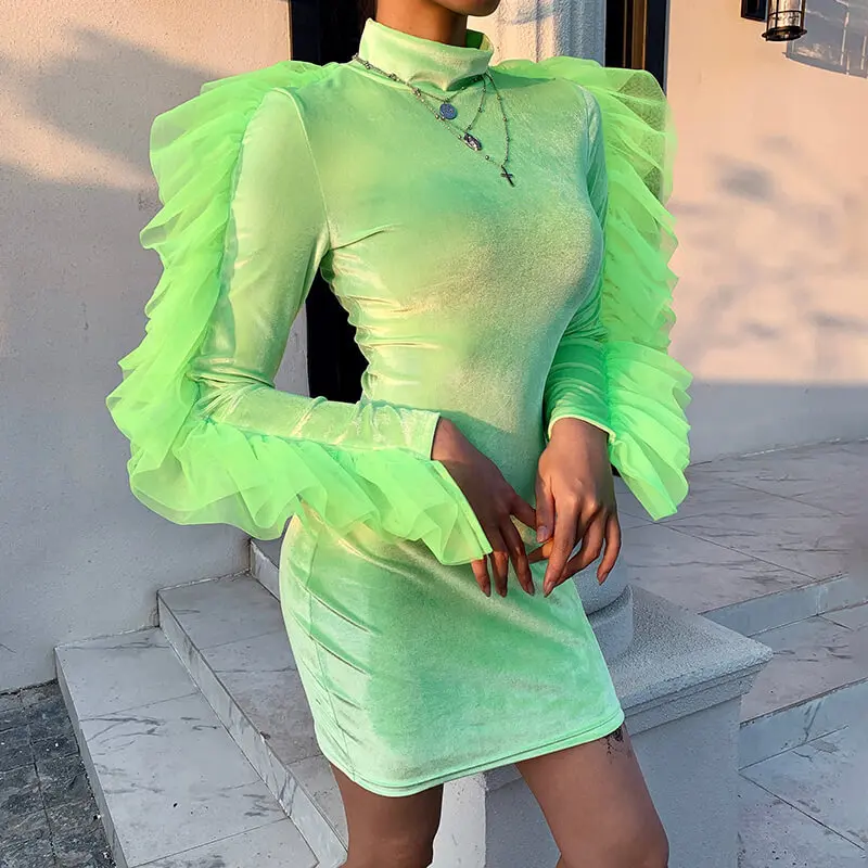 BKLD осеннее элегантное бархатное платье с рукавом-бабочкой для женщин неоновое