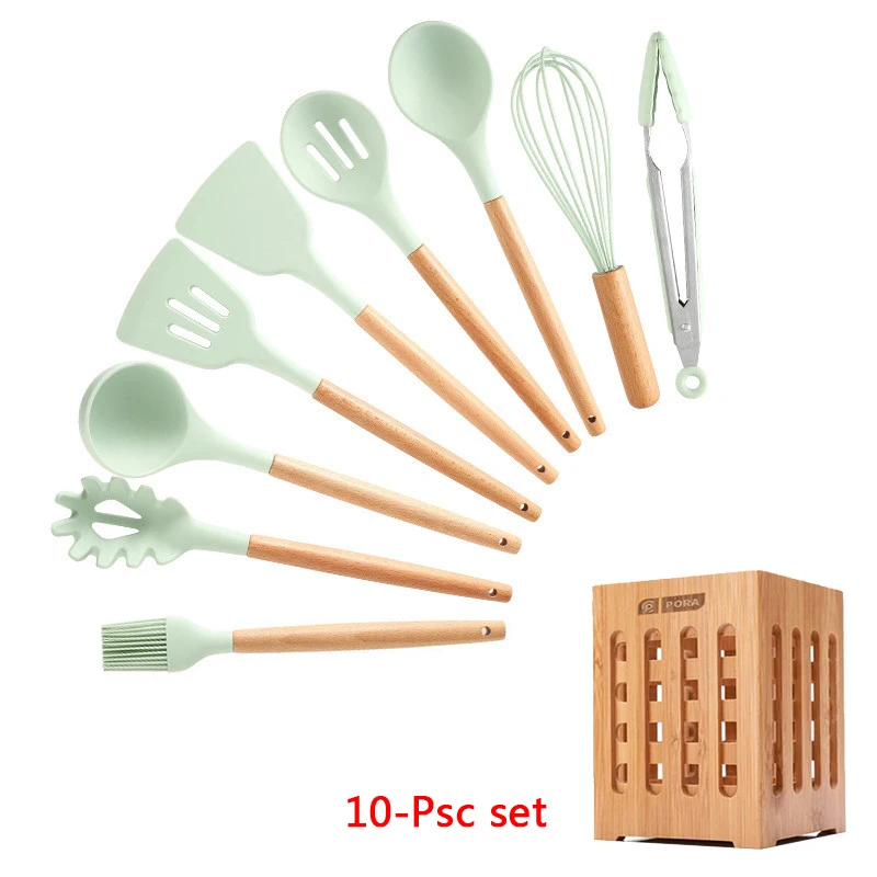 10-Pcs kitchen set 11-13 шт Силиконовая кухонная утварь набор кухонной утвари антипригарный шпатель Премиум деревянная ручка с ящиком для хранения кухонные инструменты - Цвет: 10-Pcs kitchen set