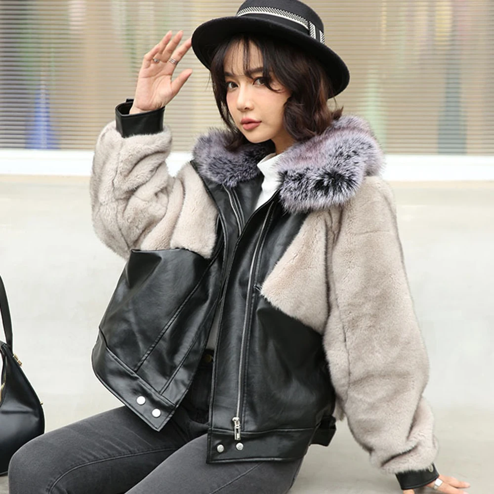 

HJQJLJLS2022 Новая модная женская мотоциклетная шуба из искусственного меха норки с соединением из искусственной кожи Женская Толстая Свободная куртка с отворотом пушистое пальто