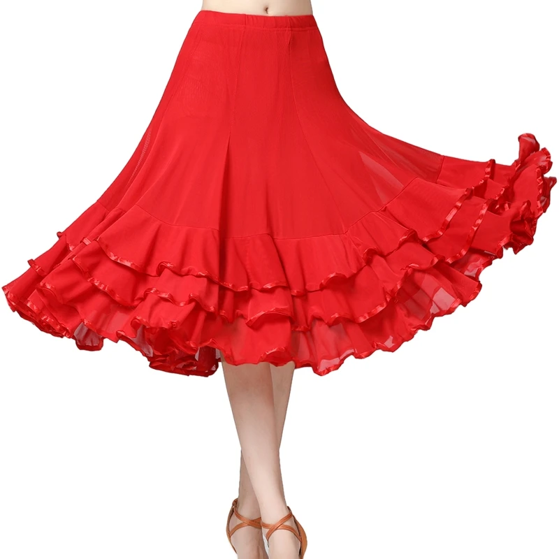 

Dancing Layered Lace Hem Long Skirt Modern Waltz National Standard Dance Wear Splicing Big Hemlines Dancing Stage Practice Suit