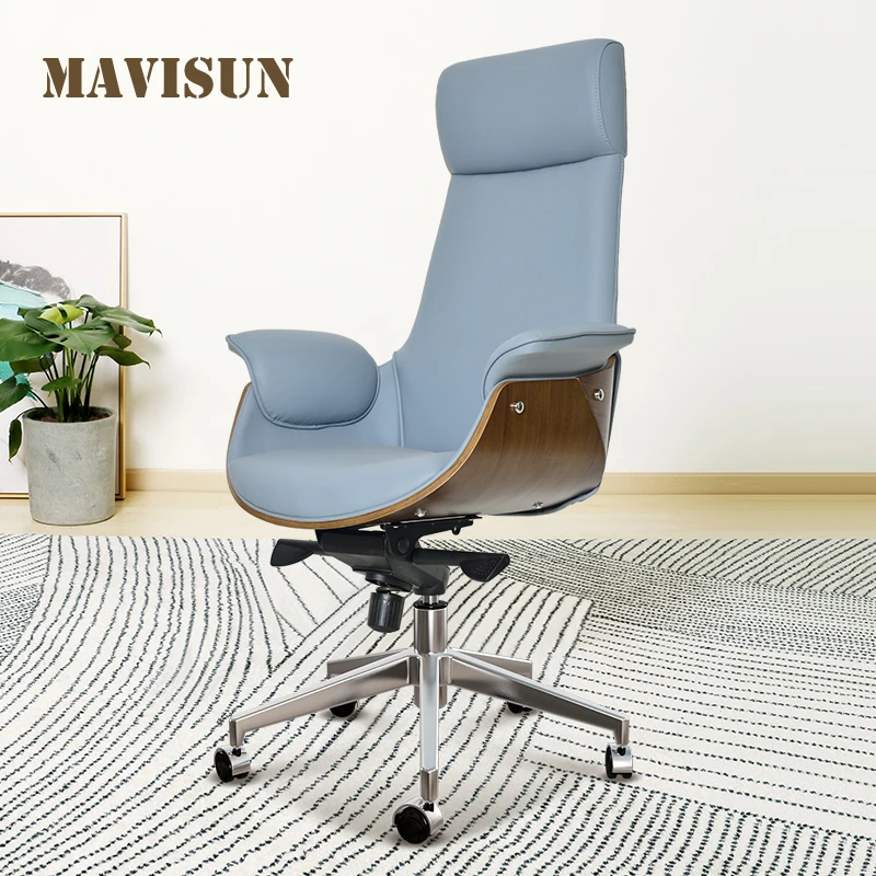 

High-back Simple Upholstered Office Boss Chair Blue Household Comfortable Sedentary Study Computer Armchair Made Of Leather