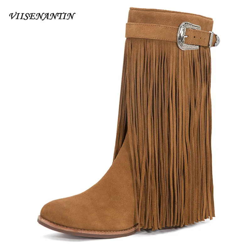 

Frosted Cowhide Round-toe Thick-soled Side Zipper Mid-tube Boots Autumn and Winter Style Belt Buckle Thick Heel Tassel Boots