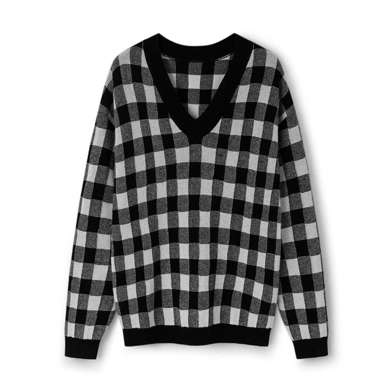 Sweater Вязанный свитер для подиума, женский джемпер, Модный женский свитер, Осень-зима, женский свободный пуловер в черно-белую клетку с v-образным вырезом - Цвет: Sweater