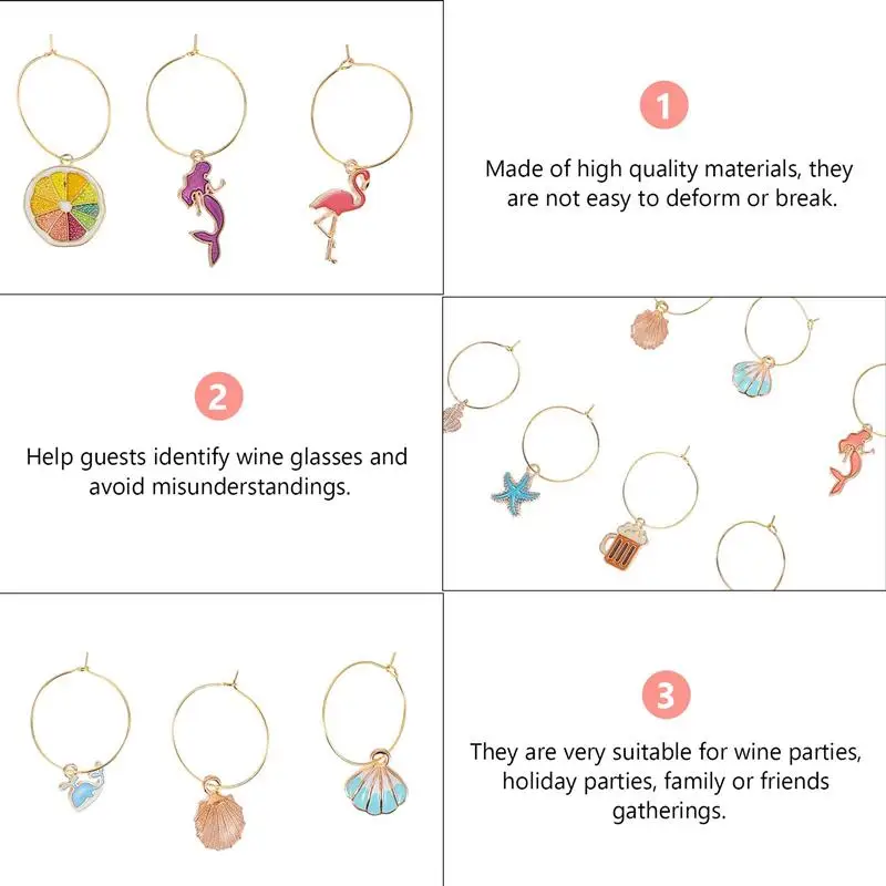 Anillos de dijes para copa de vino de fiesta, 18 piezas, marcadores para bebidas de vidrio, etiquetas (colores surtidos)-3