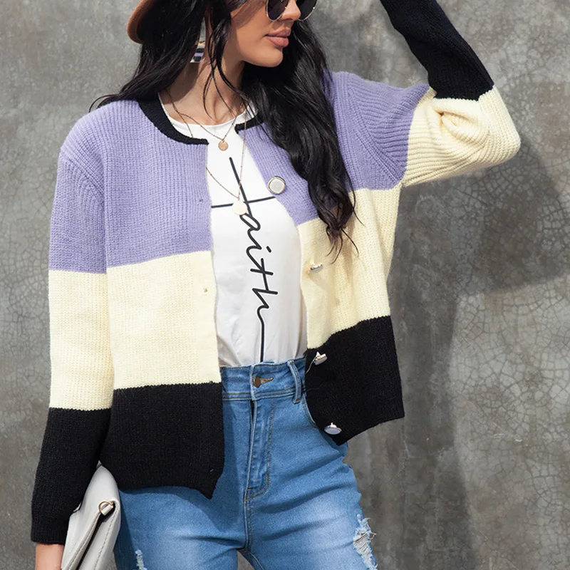 

2021 Autumn Women Spliced Knitted Cardigan Sweater Casual Style Single Breasted O- Neck Long Sleeve Female Outerwear