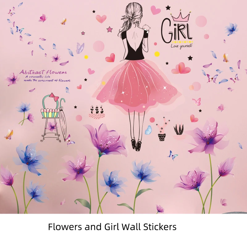 

[SHIJUEHEZI] Flowers Plants Wall Stickers DIY Cartoon Girl Wall Decals for Living Room Kids Bedroom Kitchen House Decoration