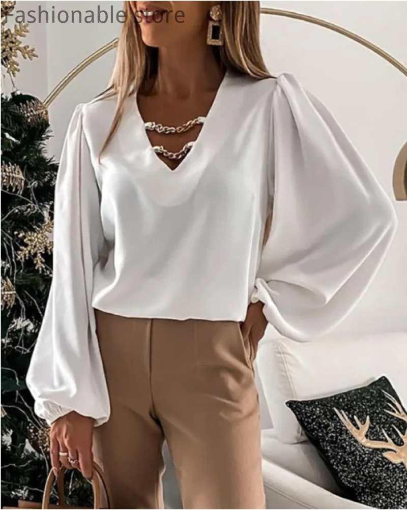 

2021 Women Spring and Summer Simple Loose Lantern Sleeve Chiffon Blouse Long-sleeved V-neck Chain Decoration Shirt