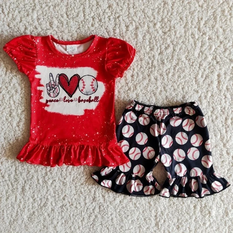 

Wholesale Kids Peace Love Clothing Kids Boutique Baby Girls Summer Red Outfits Baseball Top Shirt Ruffle Shorts Sport Clothes