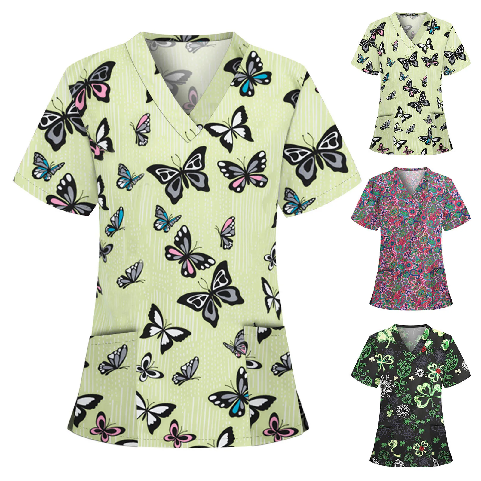 

Комбинезон для медсестры, скрабы, Женские топы с коротким рукавом и V-образным вырезом, с цветочным принтом бабочки, униформа медсестры, блуз...