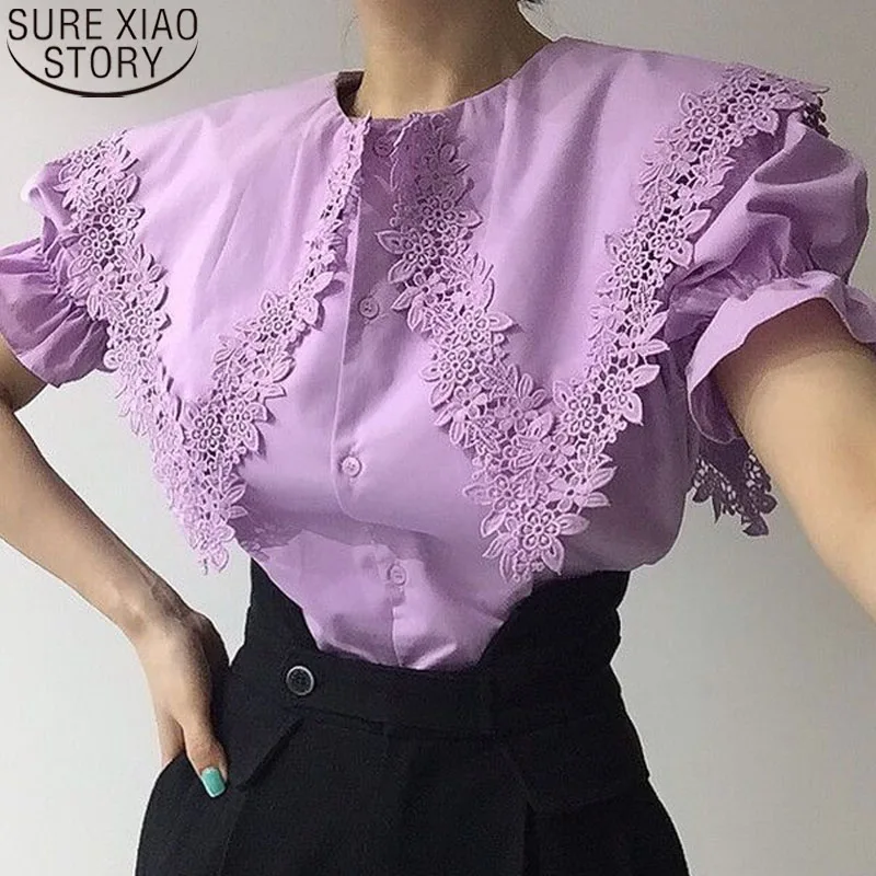 

2022 Summer Korean Fashion Shirt White Tops New Loose Casual Women Short Sleeve Lace Blouse Women Office Clothing Chic 14610
