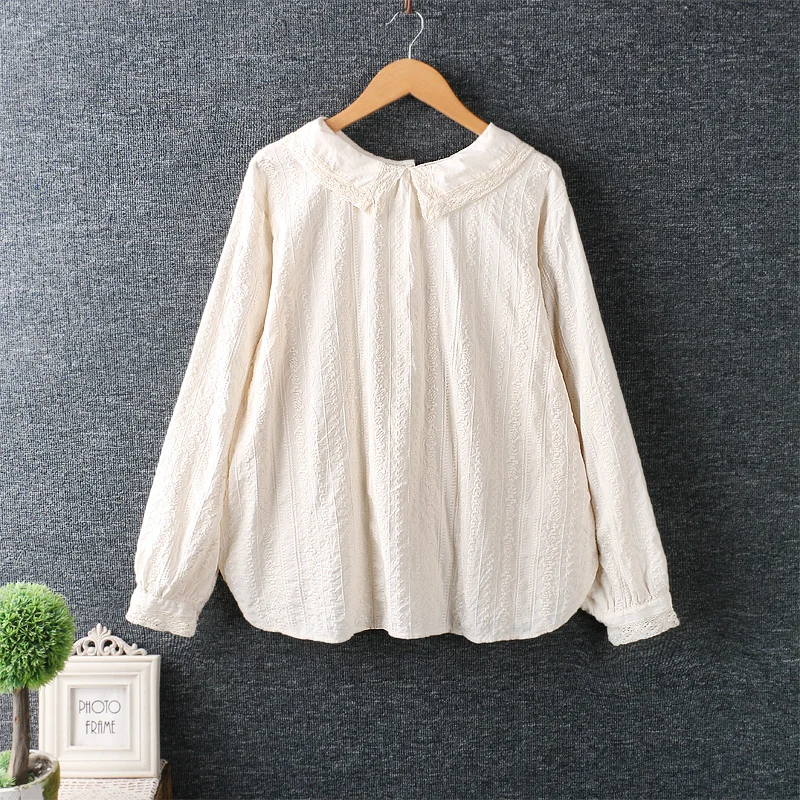 

New style spring shirt topswomen's Japan style can be worn on both side solid embroidered cotton long sleeve tops