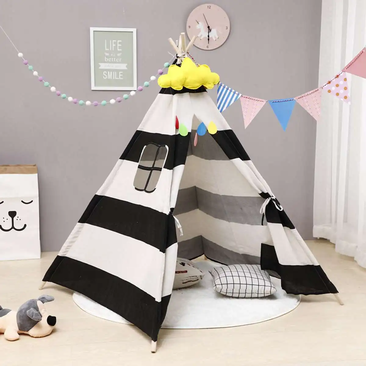 

110cm Teepee Large Cotton Linen Kids Teepee Playhouse Indian Play Tent House White Children Tipi Tee Pee Tent