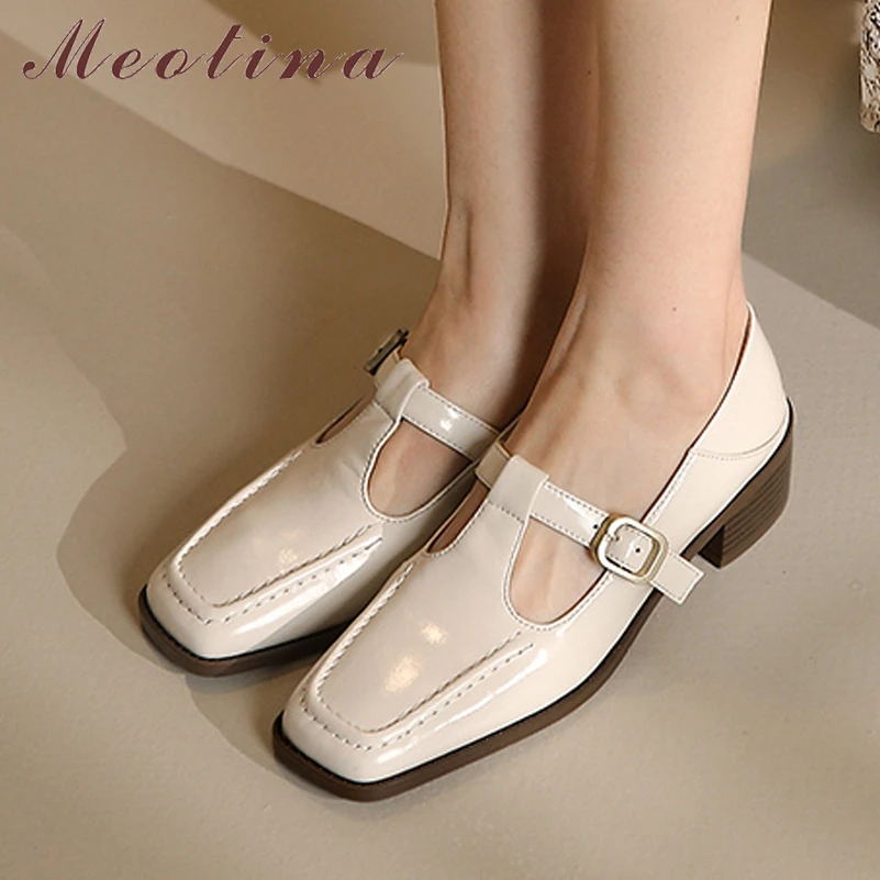 

Meotina Genuine Leather Women T-Strap Shoes Thick Heels Pumps Buckle Square Toe Med Heel Ladies Footwear Spring Autumn White