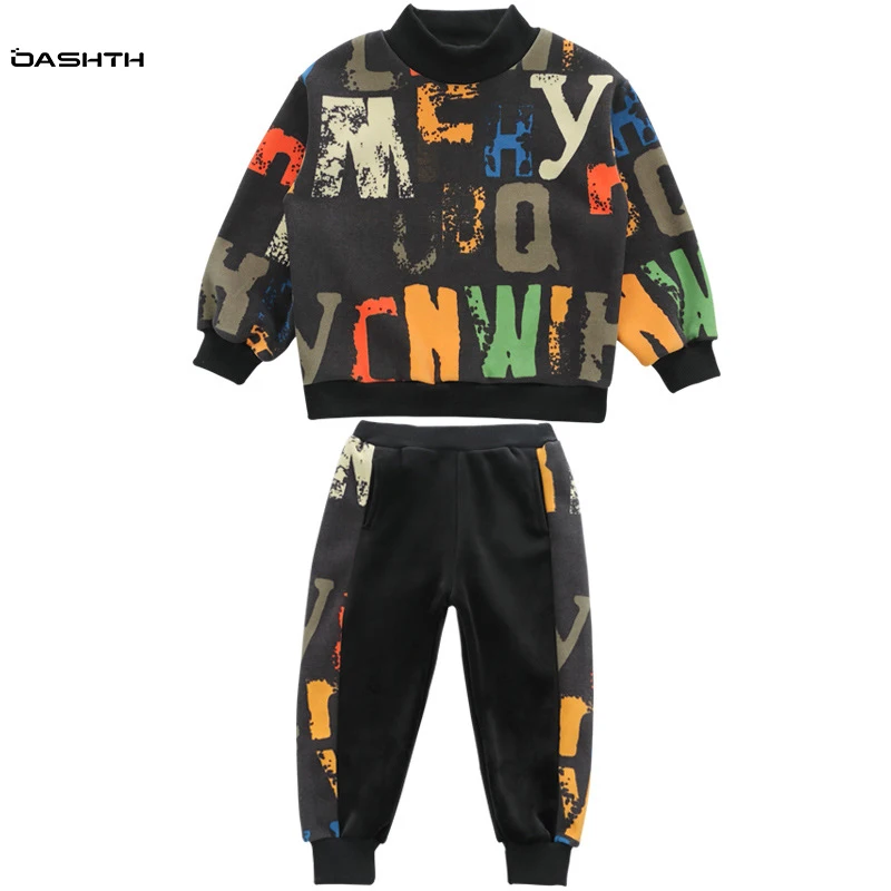 

OASHTH Children's clothing for fall/winter new style plus velvet suit boys casual half high collar letter sweater sports suit