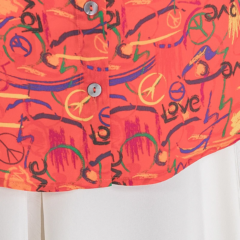 Online VOA Bluse 100% Seide Orange-Red Graffiti Druck Revers Vordere Kurze Lange Zurück Neue Stil Top Mode Junge Hemd BG16