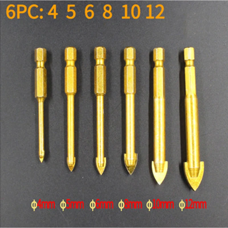 

6pcs 1/4" Hex Shank Glass Bits Titanium Coated Glass Drill Set 4 5 6 8 10 12mm Tile Concrete Flat Tip Hole Bit Drilling DB02009