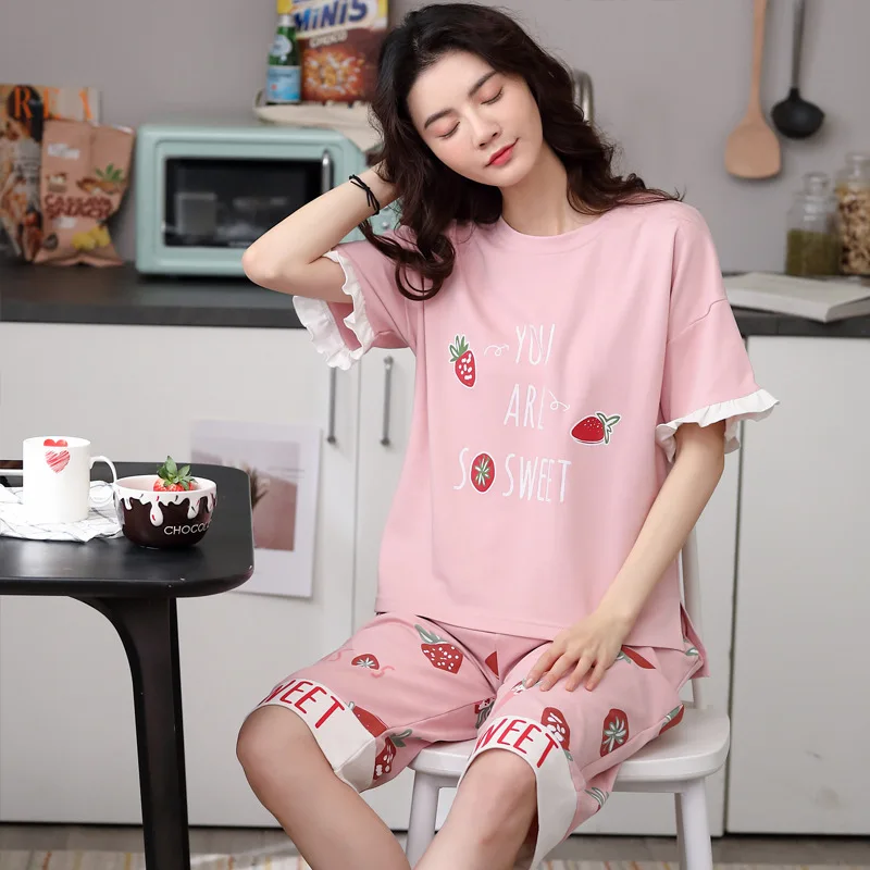 

Cute Pink Print Women Sleep Set Pijamas Suit Soft Cotton 2PCS Sleepwear Short Sleeve Knee Length Pajamas Set Intimate Lingerie
