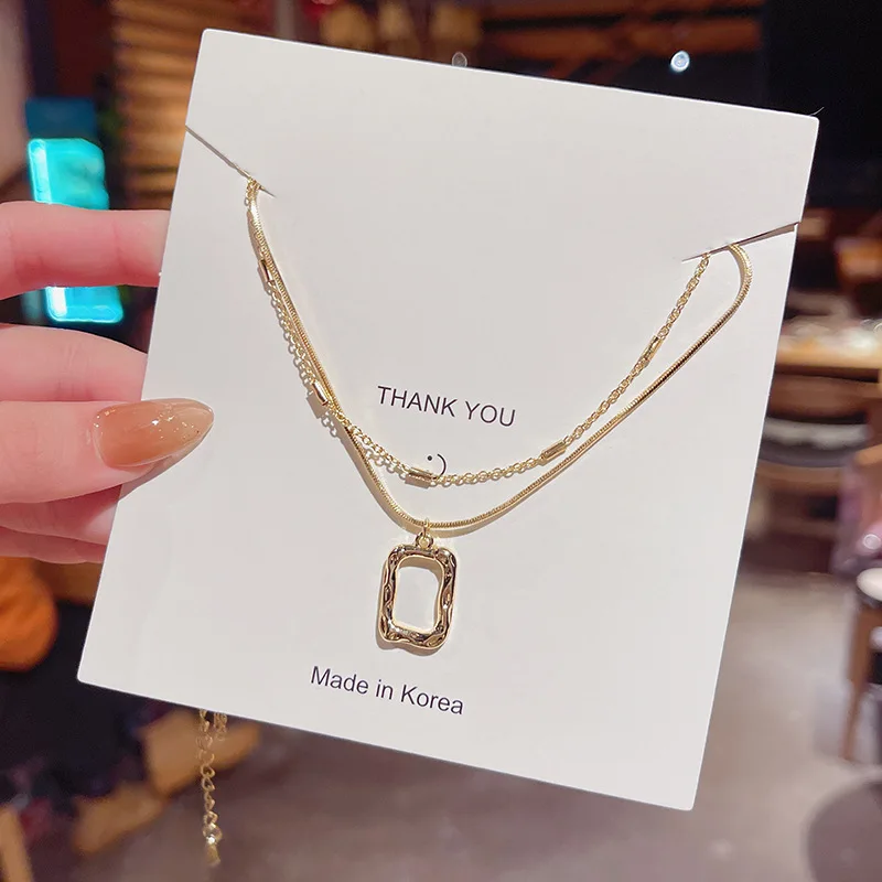 

Gold Copper Double Layer Necklace Women Square Shiny Long Pendant Necklaces Gift for Girl Fine Accessories Chain Jewelry Choker