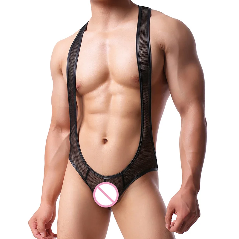 

Men Bodysuits PU Leather Mesh Transparent Erotic Jumpsuits One Piece Sexy Gay Open Butt Jockstrap Wrestling Singlets Undershirts