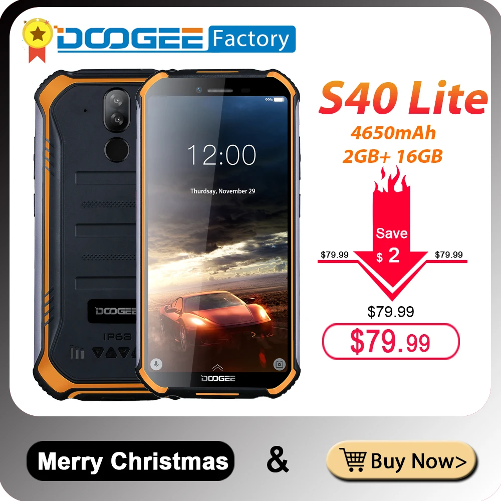 IP68 DOOGEE S40 Lite 5,5 дюймовый дисплей 2 ГБ 16 ГБ Android 9,0 прочный мобильный телефон 5,5 дюймов дисплей 4650 мАч 8,0 МП смартфон