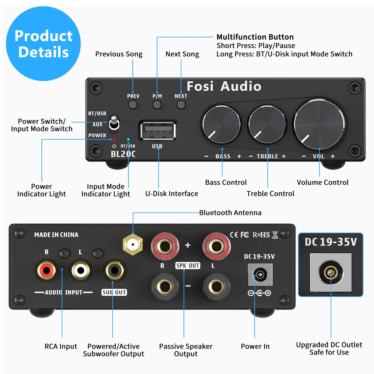 Аудио усилитель Fosi BL20C Bluetooth стерео аудио ресивер 2 1 мини Hi Fi Класс D Amp U диск плеер
