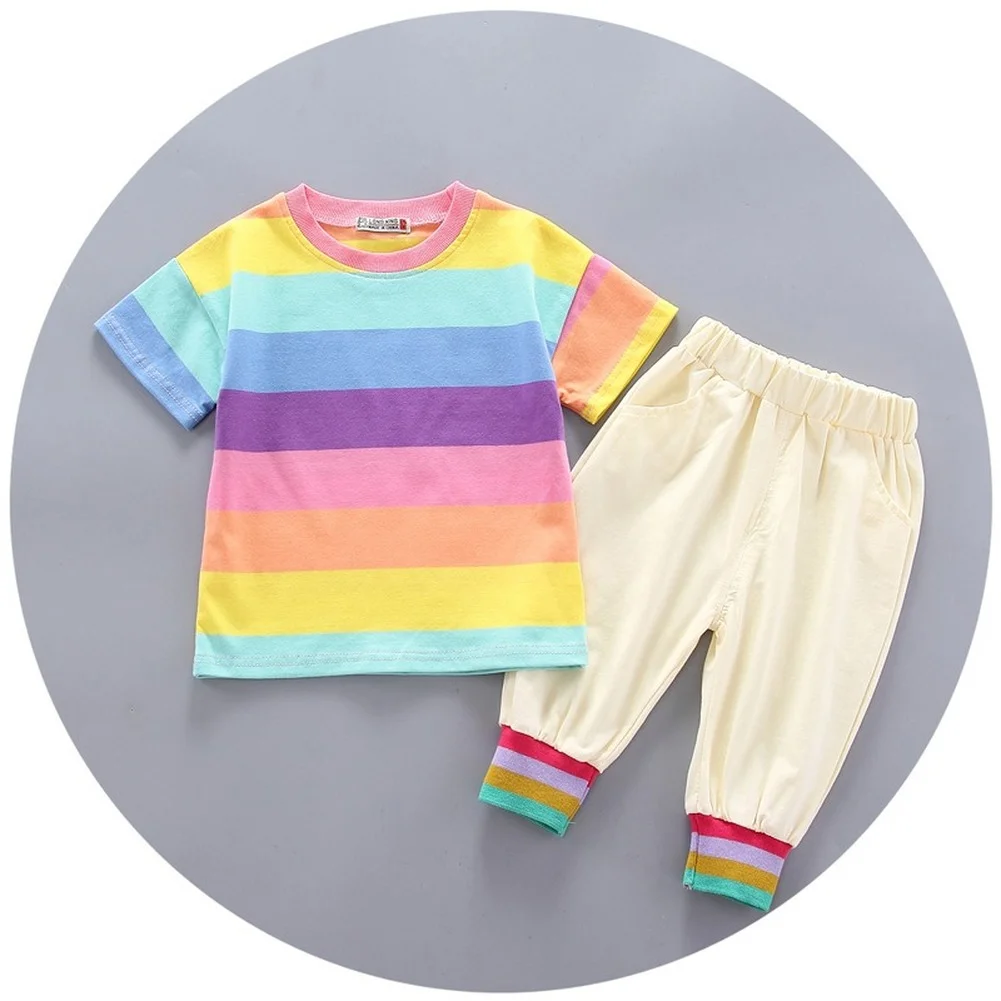 Одежда для девочек Радуга короткий рукав топ + брюки Комплект спортивной одежды