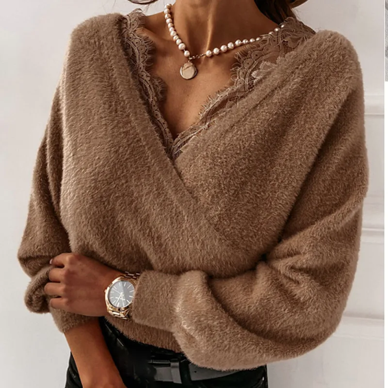 

2021 Lace Hollowed Deep V-Neck Women Sweater Long Sleeve Elegant Solid White Ladies Pullover Casual Spring Autumn Female Top