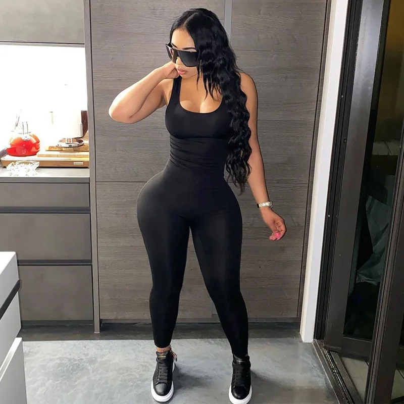 

CIBBAR Hollow Out Solid Jumpsuit Women Sexy Backless Bodycon Sportwear Overalls Sleeveless Casual Basic Streetwear One Piece New